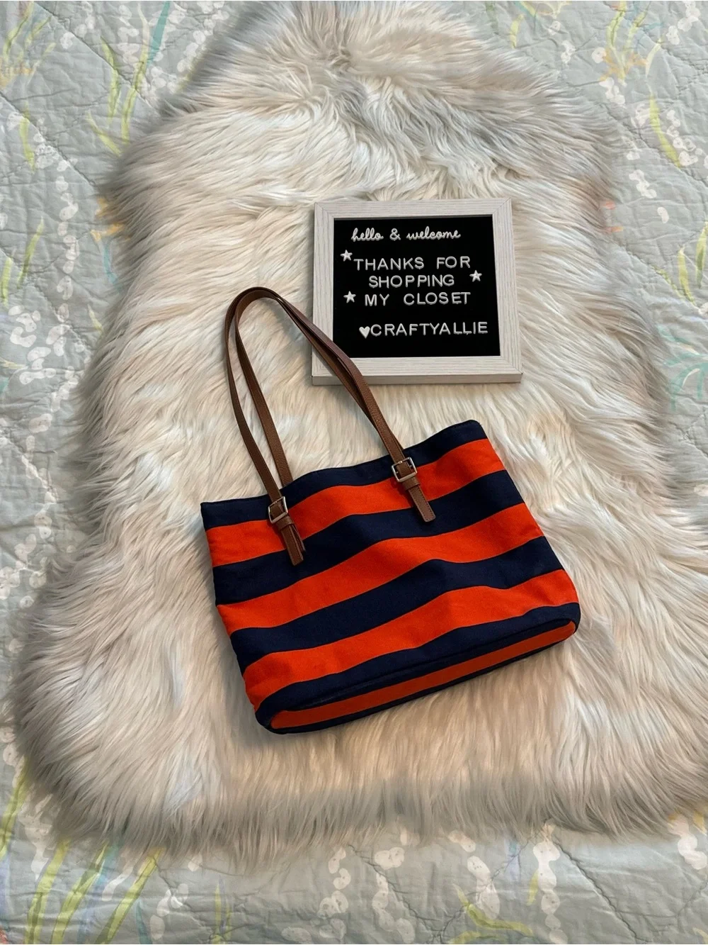 Janie and Jack Navy and Orange Striped Canvas Tote with Brown Handles